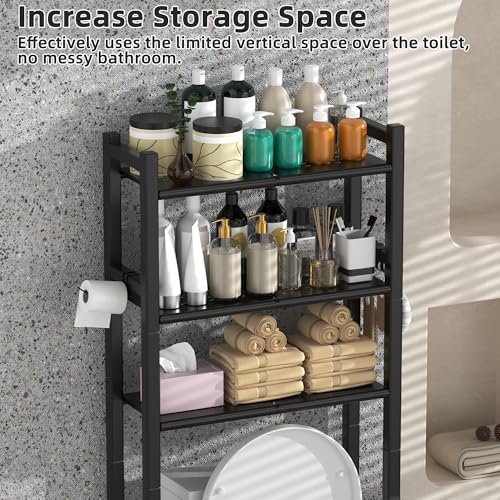 Livilord 3 Tier Over The Toilet Storage Rack with Toilet Paper Holder, Metal Freestanding Bathroom Shelves with 4 Hooks, Over Toilet Storage Shelf for Bathroom Storage, Black