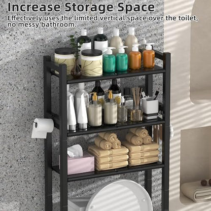 Livilord 3 Tier Over The Toilet Storage Rack with Toilet Paper Holder, Metal Freestanding Bathroom Shelves with 4 Hooks, Over Toilet Storage Shelf for Bathroom Storage, Black