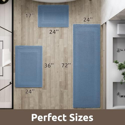 AMOAMI Waffle Bath-Mat, Absorbent Bath Mats for Bathroom Non Slip, Machine Washable Bathroom Rugs with Tassels Ultra Soft Boho Bath Rugs for Floor 24"x36" Blue