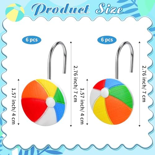 Thyle 12 Pcs Summer Beach Shower Curtain Hooks - Colorful Beach Ball Resin Decorative Curtain Rings Rust Proof Stainless Steel for Coastal, Summer Hawaiian Tropical Bathroom Bedroom Party Decor