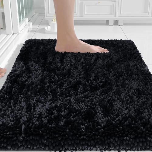 Yimobra Chenille Black Bathroom Rug, Ultra Soft Non Slip Bath Mat, 24 x 17