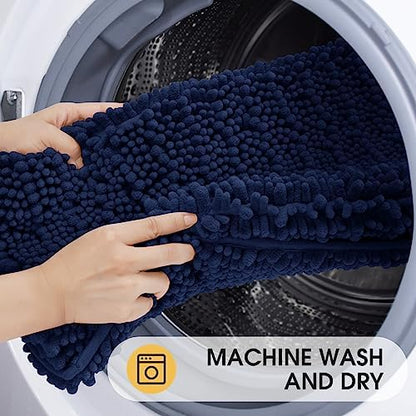 ACCUMTEK Upgrade Luxury Navy Blue Toilet Bathroom Rug Mat 24" x 20" Contour Rug, Ultra Soft Thick Absorbent Bath Mats, Non Slip Chenille Toilet Mat for Bathroom, Bedroom, Kitchen, Shower, Tub