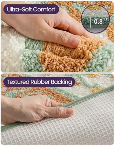 DEXI Boho Floral Bathroom Rug 32x20, Diamond Green Leaf Bath Mats Non Slip