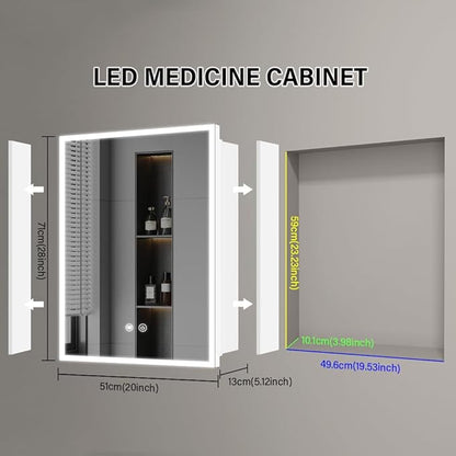 Smart Bathroom Medicine Cabinet with Integrated 3-Color LED Lighting, 20x28inch, White, Demister, USB Socket, and Recessed or Surface Mount Option