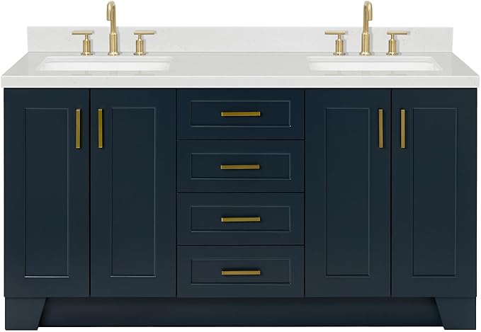 ARIEL Taylor 66-inch Bathroom Vanity with Sink,Solid Wood, 1.5-inch Carrara White Quartz Countertop, Double Rectangular Porcelain Sink, 4 Soft Closing Doors, 5 Dovetail Drawers, Midnight Blue