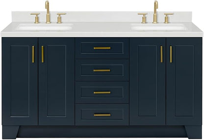 ARIEL Taylor 66-inch Bathroom Vanity with Sink,Solid Wood, 1.5-inch Carrara White Quartz Countertop, Double Rectangular Porcelain Sink, 4 Soft Closing Doors, 5 Dovetail Drawers, Midnight Blue