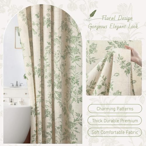 Sage Green Floral Shower Curtain,Vintage Linen Beige Cottagecore Shower Curtains for Bathroom, 72" W x 78" L