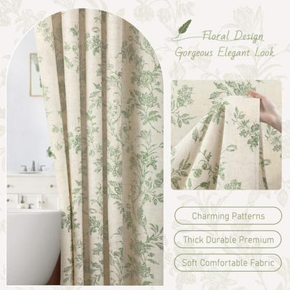 Sage Green Floral Shower Curtain,Vintage Linen Beige Cottagecore Shower Curtains for Bathroom, 72" W x 78" L