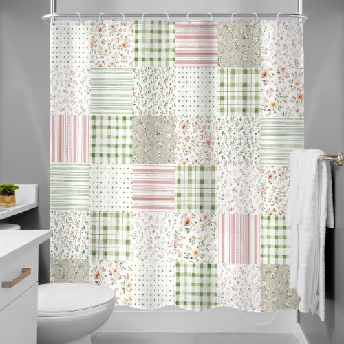 MESHELLY Boho Floral Patchwork Shower Curtain 60Wx72H Vintage Checkered Sage Green Plaid Pink Striped Country Gingham Bathroom Curtain Farmhouse Bath Curtain Bathroom Accessories Decor with 12 Hooks