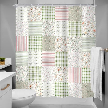 MESHELLY Boho Floral Patchwork Shower Curtain 60Wx72H Vintage Checkered Sage Green Plaid Pink Striped Country Gingham Bathroom Curtain Farmhouse Bath Curtain Bathroom Accessories Decor with 12 Hooks