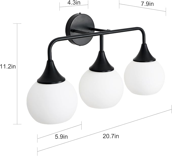 Mid Century Matte Black Bathroom Vanity Lights 3-Light Bathroom Lighting Fixtures Over Mirror with Milk White Glass Shade Modern Wall Sconce Lighting Bath Vanity Lights (Exclude E26 Bulb)