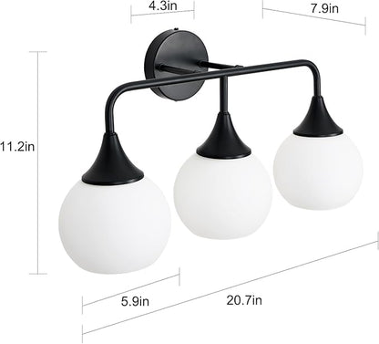 Mid Century Matte Black Bathroom Vanity Lights 3-Light Bathroom Lighting Fixtures Over Mirror with Milk White Glass Shade Modern Wall Sconce Lighting Bath Vanity Lights (Exclude E26 Bulb)