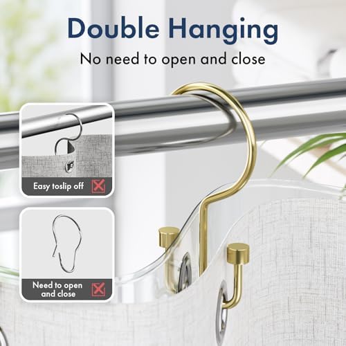 Bathway Shower Curtain Hooks Gold Shower Curtain Rings, 12 Pcs Metal Double Hooks Rings Rust Proof for Bathroom Shower Curtain Rod