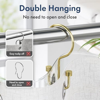 Bathway Shower Curtain Hooks Gold Shower Curtain Rings, 12 Pcs Metal Double Hooks Rings Rust Proof for Bathroom Shower Curtain Rod