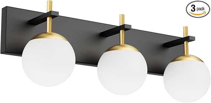 Ralbay Mid Century Modern 3-Light Milky Glass Globe Vanity Lights - Black and Gold Bathroom Wall Lighting