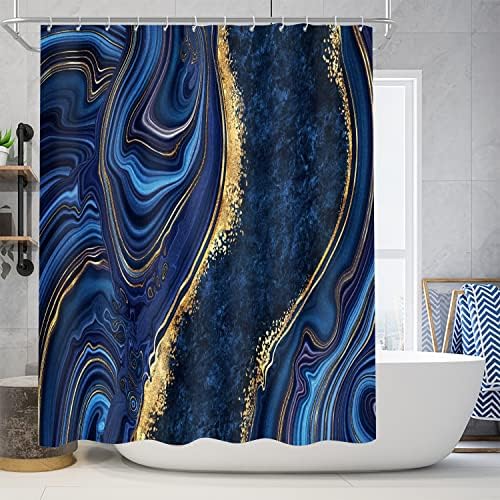 Nkzply 4Pcs Navy Blue Marble Shower Curtain Sets with Rugs Bathroom Set