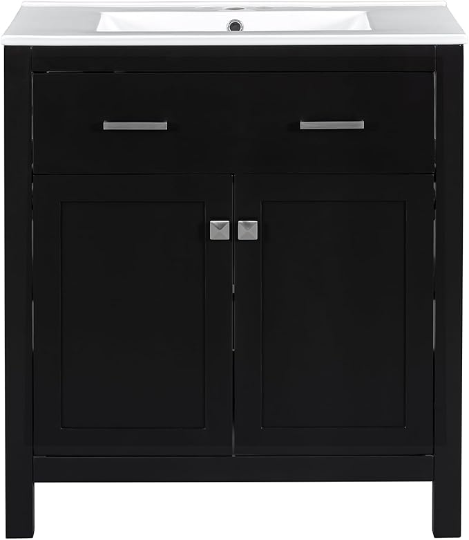 Favfurish 30" Bathroom Vanity with Ceramic Sink,Undermount Single Basin Vanity Set w/1 Flip-Out Drawer and 2 Soft-Close Doors & Adjustable Shelf,Freestanding Storage Cabinet,Solid Wood Frame,Black