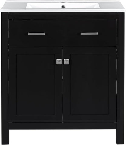 Favfurish 30" Bathroom Vanity with Ceramic Sink,Undermount Single Basin Vanity Set w/1 Flip-Out Drawer and 2 Soft-Close Doors & Adjustable Shelf,Freestanding Storage Cabinet,Solid Wood Frame,Black