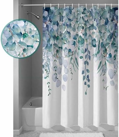Shower Curtain Bathroom Set Country Eucalyptus Leaves Waterproof Shower Curtains with Grommets Hooks Watercolor Teal Green Leaf Privacy Bath Curtain for Bathtub Decor 72x72in