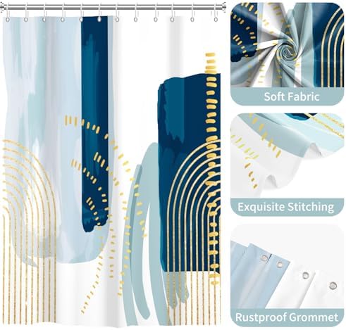 deFouliao Boho Shower Curtain, Mid Century Modern Blue Waterproof Shower Curtain for Bathroom Bathtub Home Curtain Decor with Hooks, 65Wx72L