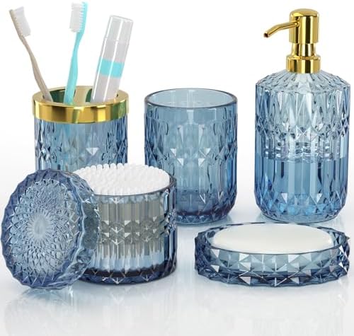 Blue Bathroom Accessories 5 Pcs, Glass Bathroom Accessory Set, Vintage Blue Bathroom Set, Soap Dispenser and Toothbrush Holder Set, Qtip Holder, Bathroom Sets Complete, Modern Bathroom Decor