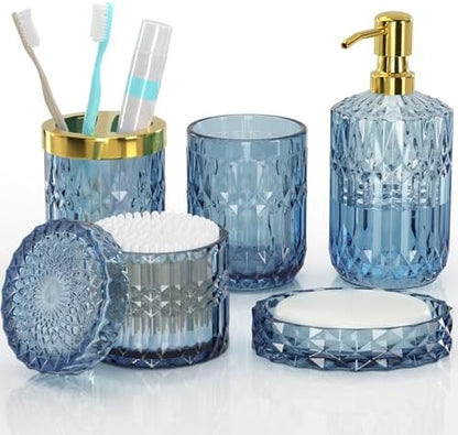 Blue Bathroom Accessories 5 Pcs, Glass Bathroom Accessory Set, Vintage Blue Bathroom Set, Soap Dispenser and Toothbrush Holder Set, Qtip Holder, Bathroom Sets Complete, Modern Bathroom Decor