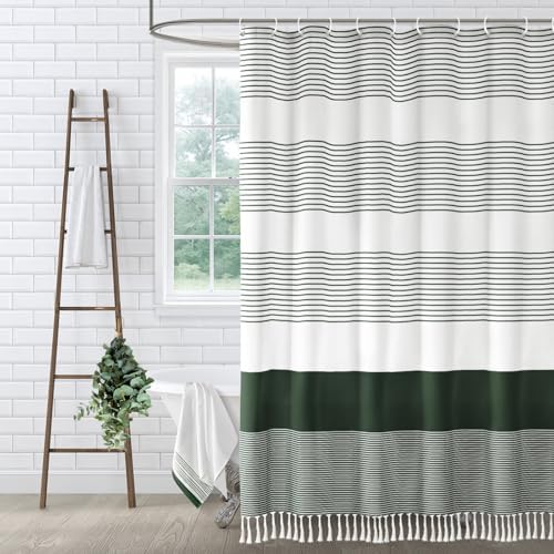 Dark Green Boho Cotton Striped Shower Curtain with Tassel 72"W X 72"L