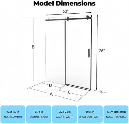 56-60" W x 76" H Frameless Sliding Shower Door, 5/16“ Waterproof Tempered Glass with Explosion-Proof Film, Clear Glass, Matte Black Handle & Seal Strip