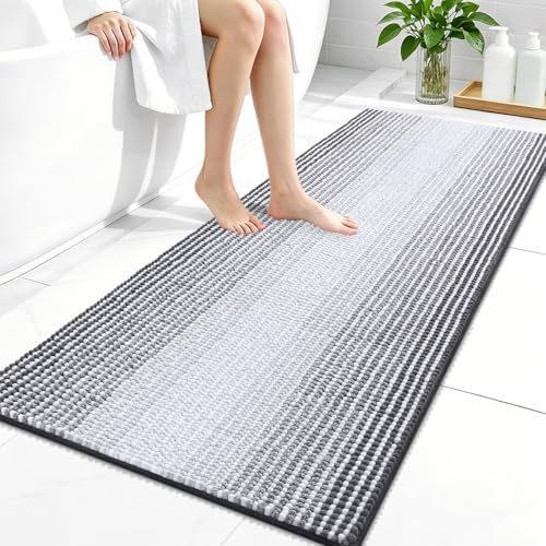 OLANLY Bathroom Runner Rugs 44x24, Soft Chenille Striped Bath Rugs, Grey