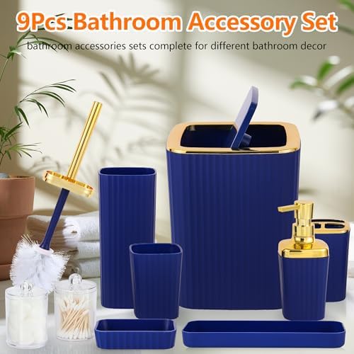 9 PCS Navyblue Bathroom Accessories Set with Trash Can Bathroom Accessory