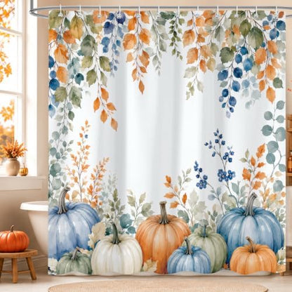 Fall Pumpkin Shower Curtain, Autumn Thanksgiving Harvest Floral Plant Leaves Farmhouse Bath Curtain Accessories, Waterproof Polyester Fabric Bathroom Curtain 72X72in