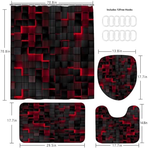 LQCOOL 4Pcs Shower Curtain Set with Rugs, Modern Bathroom Set Black Red
