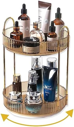 Asayuee 360 Rotating Gold Makeup Organizer,2 Tier Large Capacity Rotating Makeup Organizer,SkincarePerfume Organizer,Bathroom Cosmetics Storage Organizer Countertop (Gold-2 Tier)