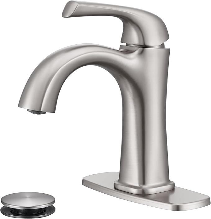 Brushed Nickel Single Hole Bathroom Faucet, Single Handle Brass Bathroom Sink Faucet, Lavatory Vanity Faucet for 1 or 3 Holes, Bathroom Faucets with Pop Up Drain and Supply Lines, Deck Plate