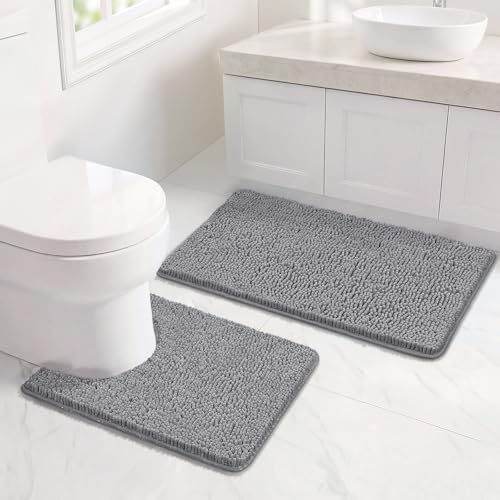 Bcoimo U Shaped Bath Rug Mat Set,2 Piece Chenille Gray Toilet Bathroom Rugs
