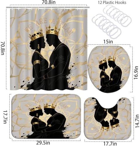 4PCS Boho Black King Queen Shower Curtain Set with Waterproof Shower Curtain Non-Slip Bath Mat Rug Toilet Lid Cover, Romantic African American Black Man Woman Fathers Day Bathroom Decor Set