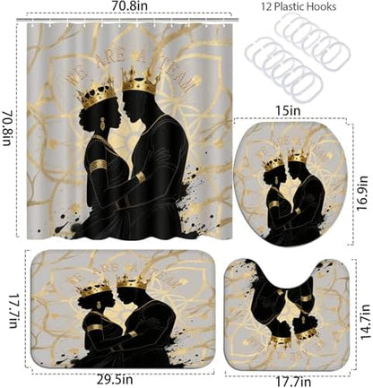 4PCS Boho Black King Queen Shower Curtain Set with Waterproof Shower Curtain Non-Slip Bath Mat Rug Toilet Lid Cover, Romantic African American Black Man Woman Fathers Day Bathroom Decor Set