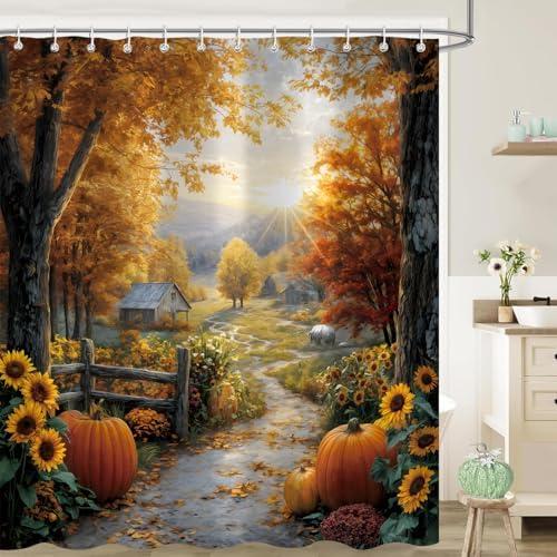 Fall Shower Curtain, Autumn Pumpkin Tree Bathroom Decor, 72 x 72 Inch Polyester Fabric Waterproof Bathroom Curtain with 12 Hooks