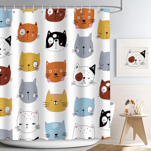 APROPHIC Cute Cat Shower Curtain for Bathroom Decor, Funny Bathroom Curtain Set, Cat Lovers Cute Cartoon Colorful Waterproof Fabric Shower Curtain with Hooks Machine Washable 72x72 in