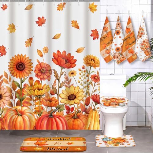Honoson 8 Pcs Fall Shower Curtain Set, Autumn Thanksgiving Bathroom Set