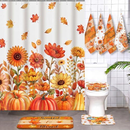 Honoson 8 Pcs Fall Shower Curtain Set, Autumn Thanksgiving Bathroom Set