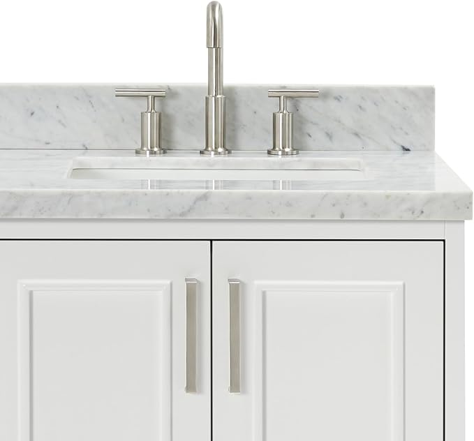 ARIEL Stafford 60-inch Bathroom Vanity with Sink,Solid Wood, 1.5-inch Italian Carrara Marble Countertop, Double Rectangular Porcelain Sink, 4 Soft Closing Doors, 6 Dovetail Drawers, White