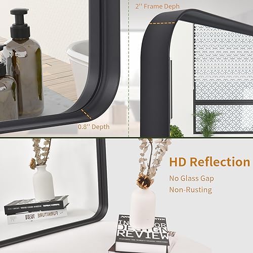 VooBang Bathroom Mirror 24x36 inch, Black Gorgeous Deep Frame Wall Mirror, Modern Round Corner Bathroom Vanity Mirror for Bedroom, Living Room, Hanging or Leaning Horizontal or Vertical, Black