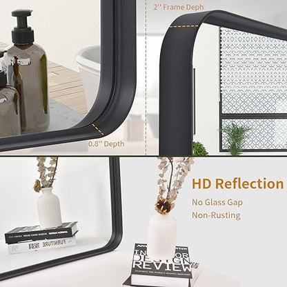 VooBang Bathroom Mirror 24x36 inch, Black Gorgeous Deep Frame Wall Mirror, Modern Round Corner Bathroom Vanity Mirror for Bedroom, Living Room, Hanging or Leaning Horizontal or Vertical, Black