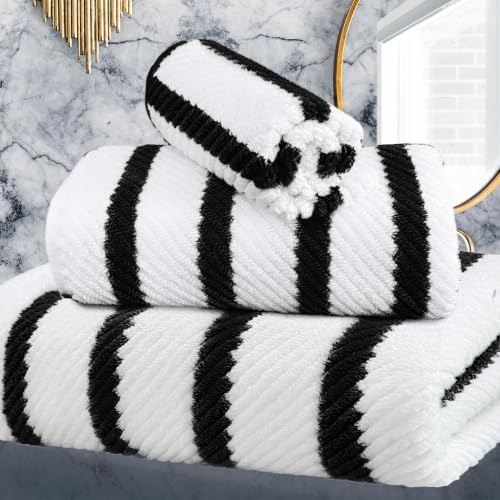 VOOVA & MOVAS 3PC Towel Set, 100% Cotton, Black White Dark Tan