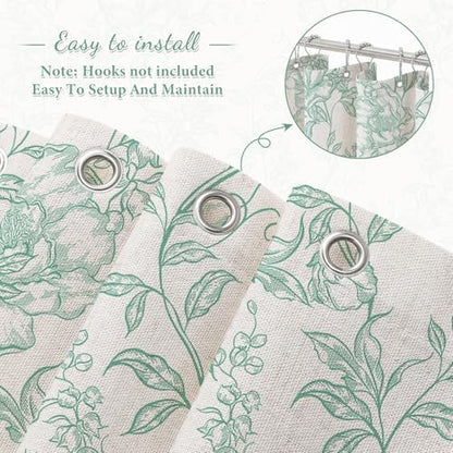 Teal Boho Linen Fabric Shower Curtain , Farmhouse Floral For Bathroom