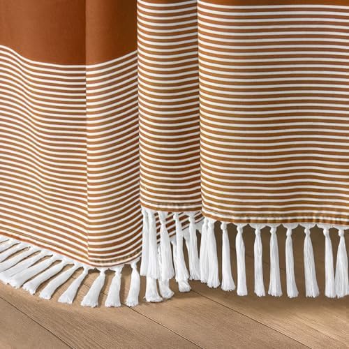 Boho Orange Fall Cotton Striped Shower Curtain with Tassel 72"W X 72"L