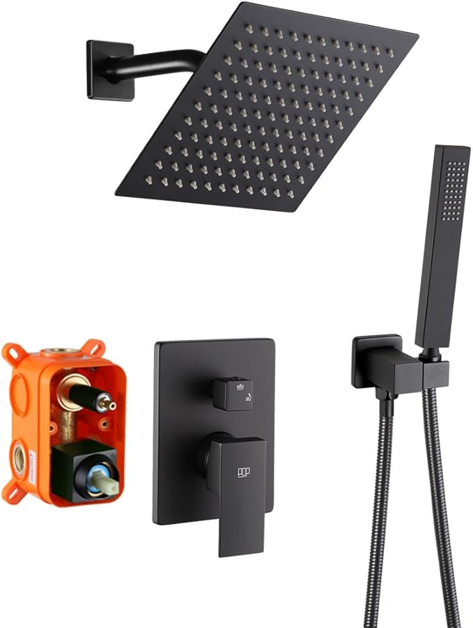 Black Shower System Bathroom Rainfall Shower Faucet Set Complete Wall Mounted 8 Inch Shower Head and Handle Set with Rough-in Valve Body and Trim Kit