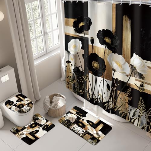 Abstract Floral Black Gold Peony 4Pcs Bathroom Shower Curtain Set with Rugs