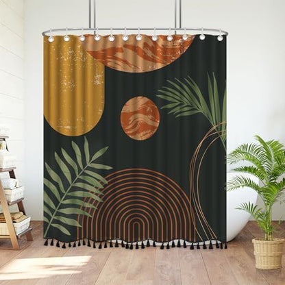 Boho Mid Century Leaf Shower Curtain Set,Arch Sun Design,Minimalistic Leaves Pattern,Waterproof and Luxurious Fabric-12 Hooks(Coffee Brown-72" x 96")